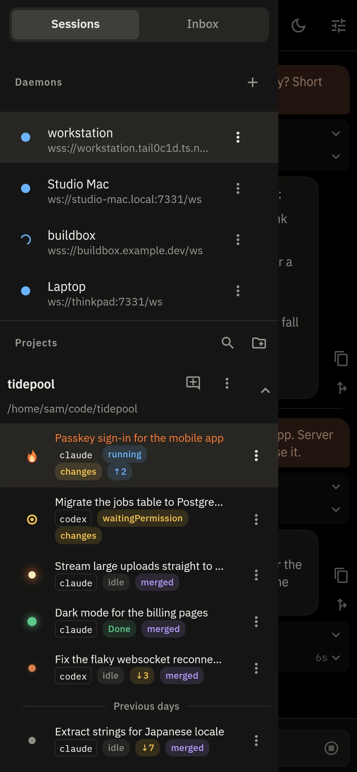 The SpeedDial session list on a phone: four daemons and a project's sessions with running, waiting, done and idle states