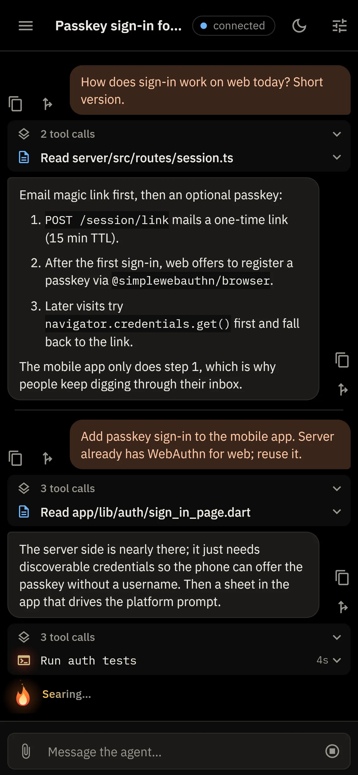 SpeedDial on a phone: an agent is adding passkey sign-in and a flame says Searing…