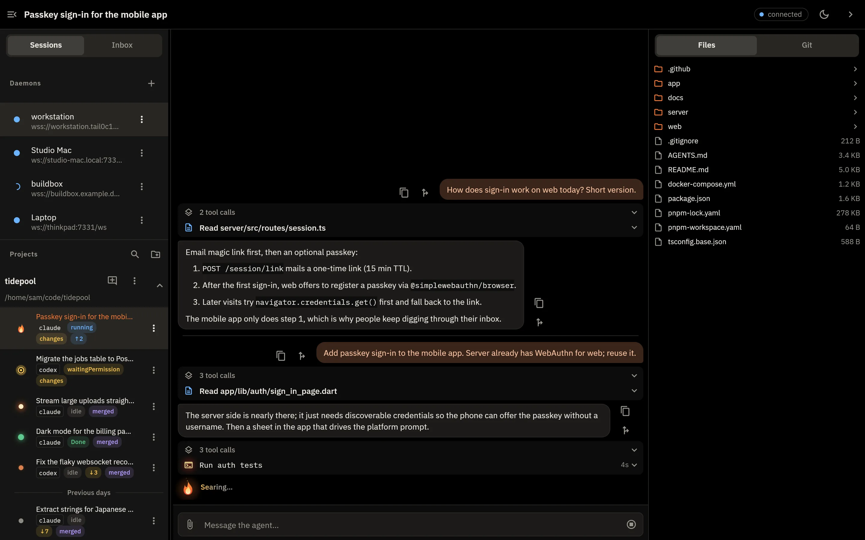 SpeedDial desktop: an agent mid-turn with a flame row, sessions in the left rail showing running, waiting, done and cooling states